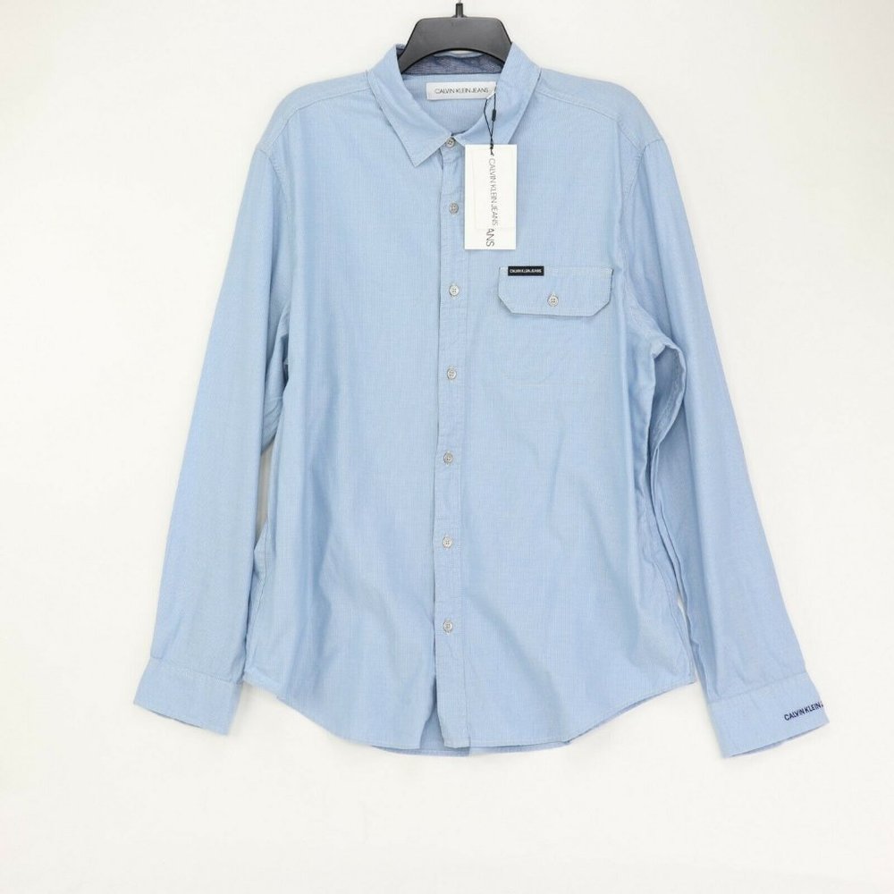 Calvin‎ Klein Mens Shirt Blue Size Large L Button Front Chest-Pocket $79.50